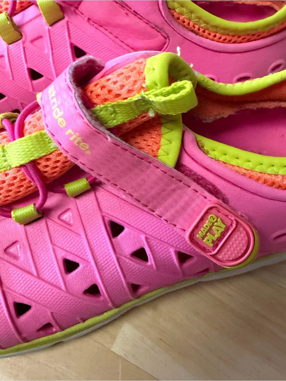 Stride Rite Made2Play Phibian pink water shoes with bright green and orange 3